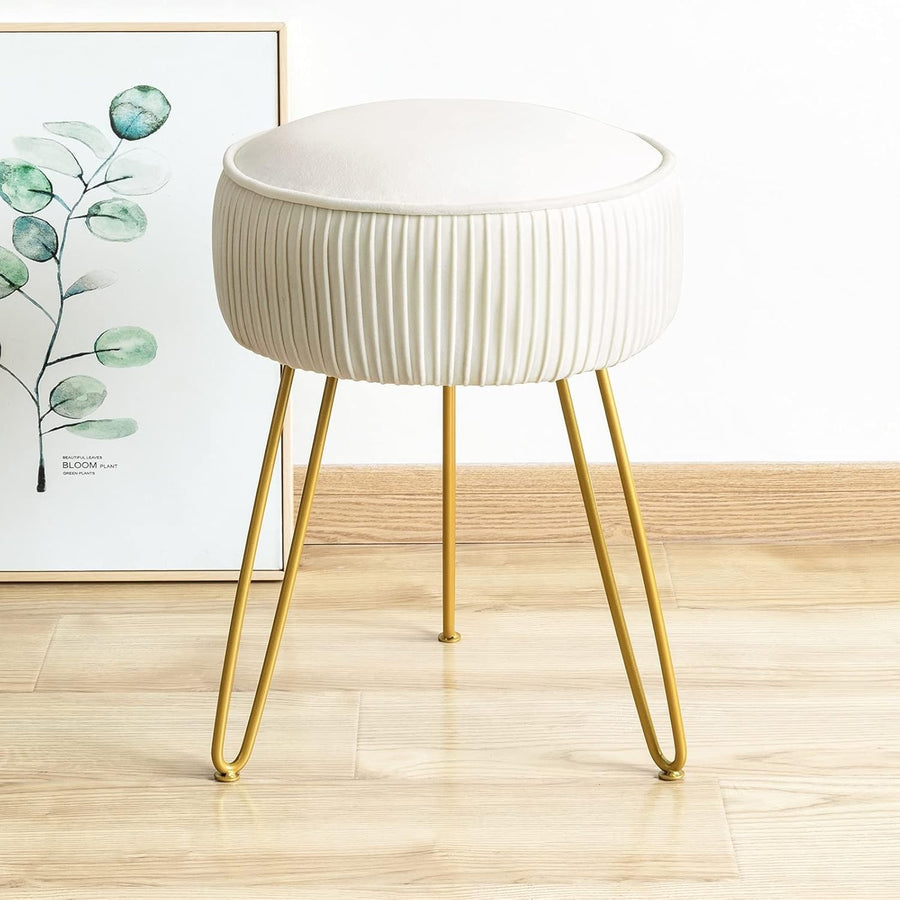 White Velvet Pleated Vanity Stool Round Ottoman with Gold Steel Legs