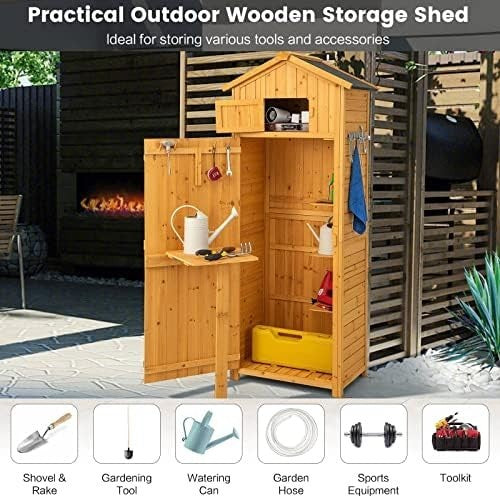 Wooden Garden Shed 6FT Outdoor Storage with Shelves, Table & Lockable Door