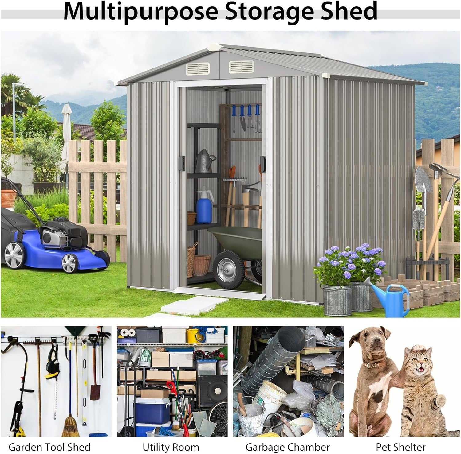 6x4FT Metal Garden Shed with Vents, Sliding Door & Ramp, Waterproof Storage