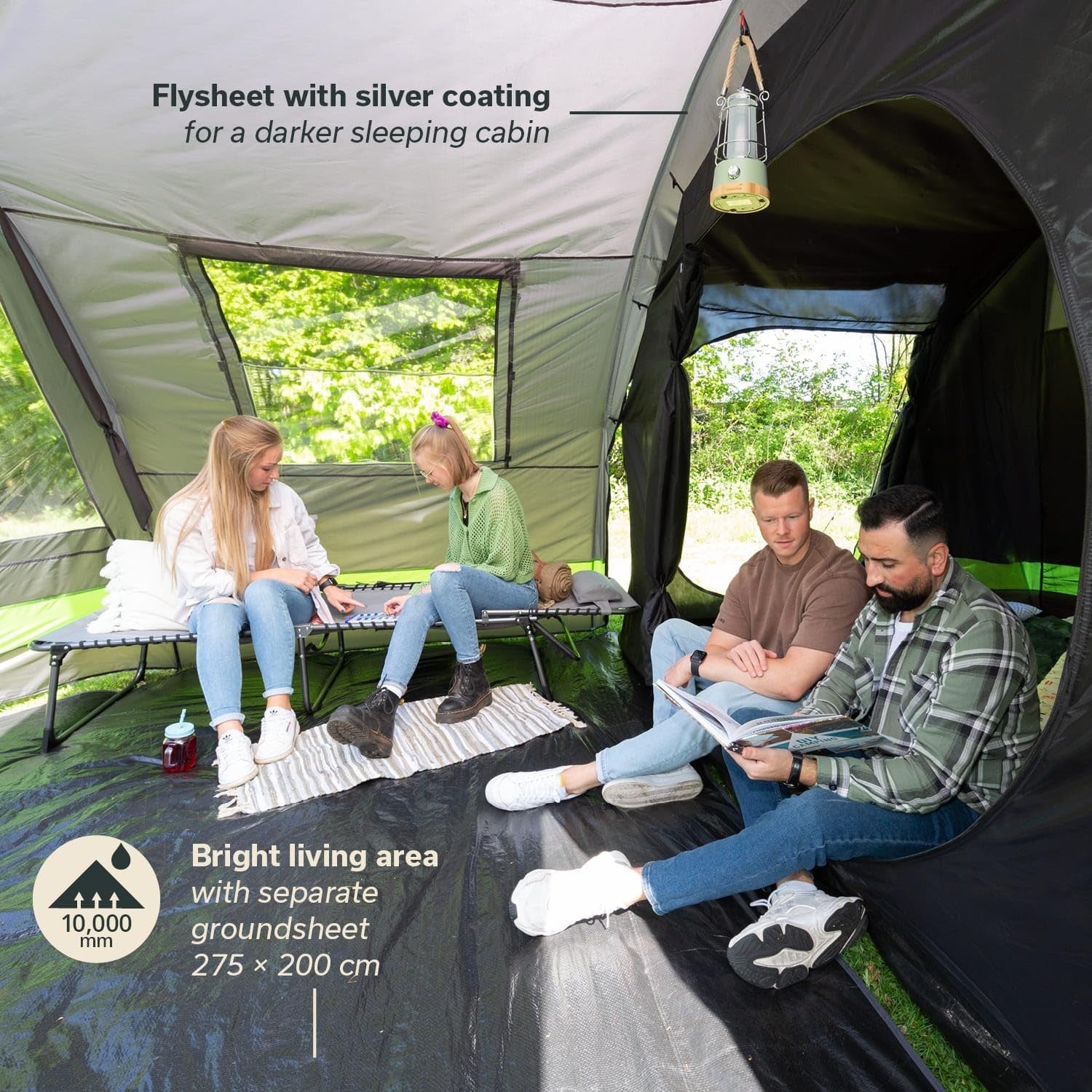 Anthracite/Green 4-Person Tunnel Family Camping Tent – Waterproof & Spacious