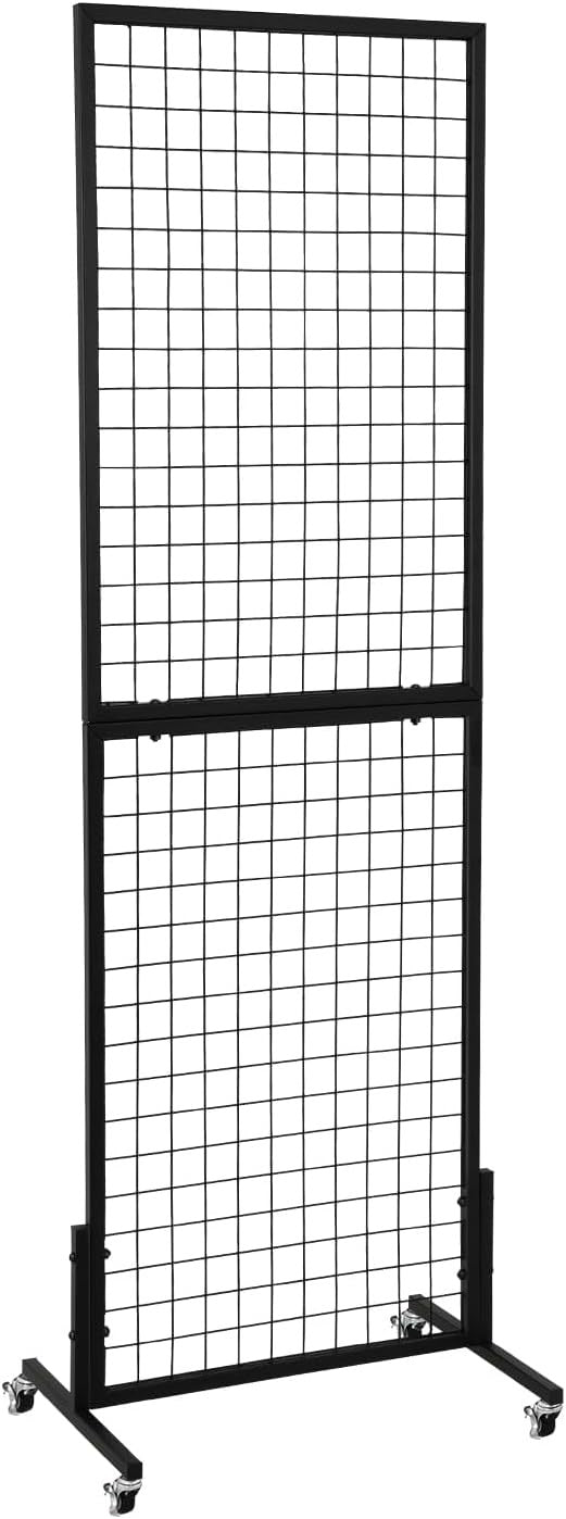 Freestanding Grid Wall Display Rack with Wheels – Black Wire Grid Panel Stand fo