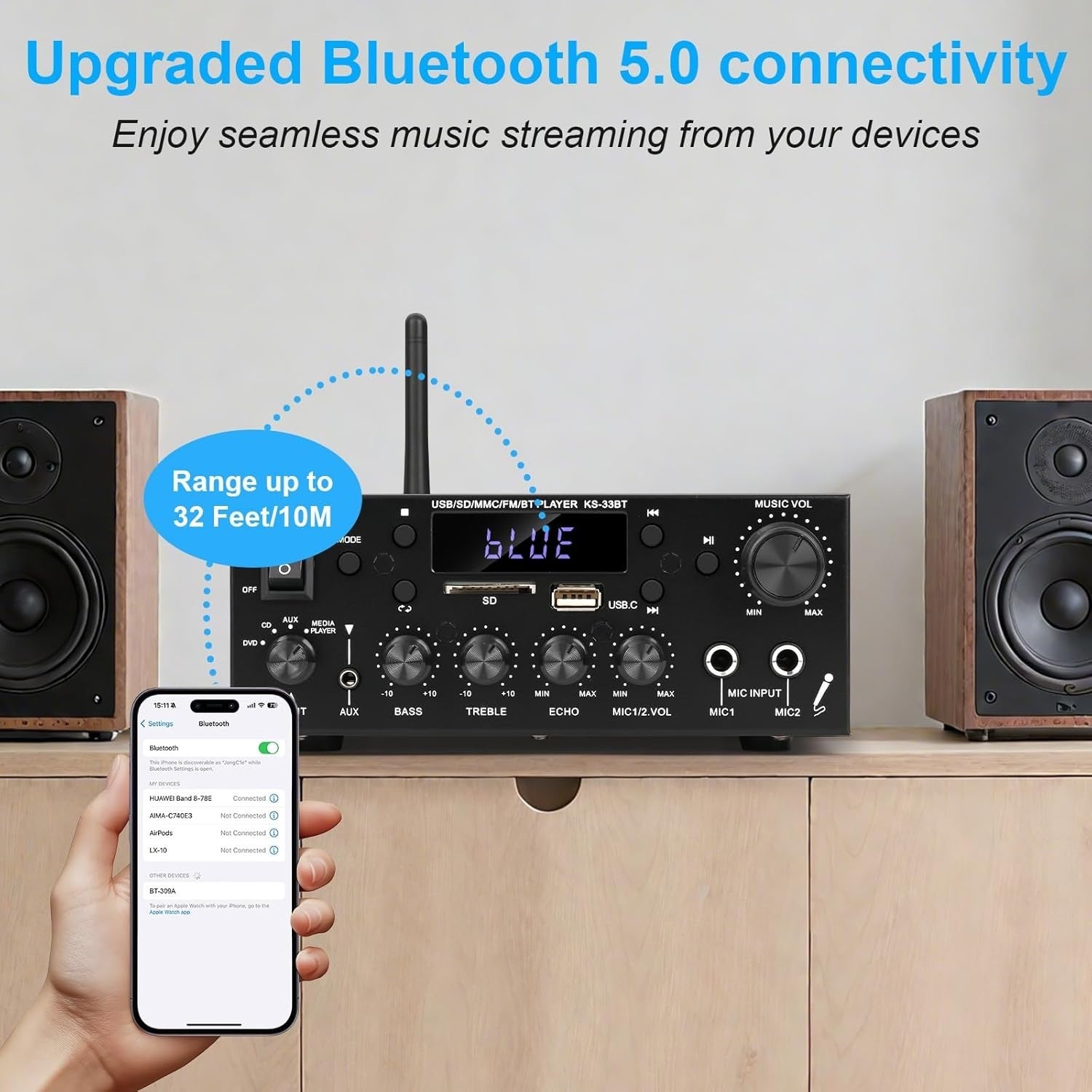 500W Bluetooth 5.0 Stereo Amplifier 2 Channel HiFi FM USB