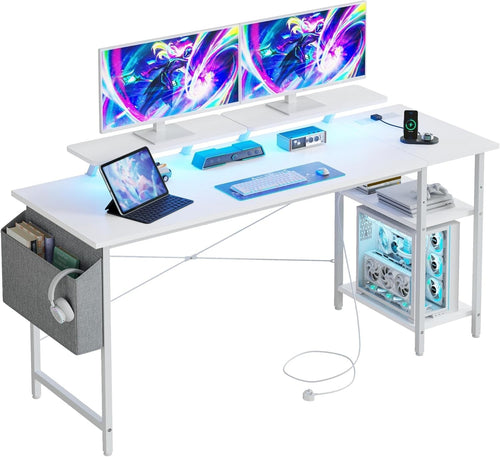 White LED Gaming Desk 140x50cm w/ Power Outlets & Dual Monitor Stands