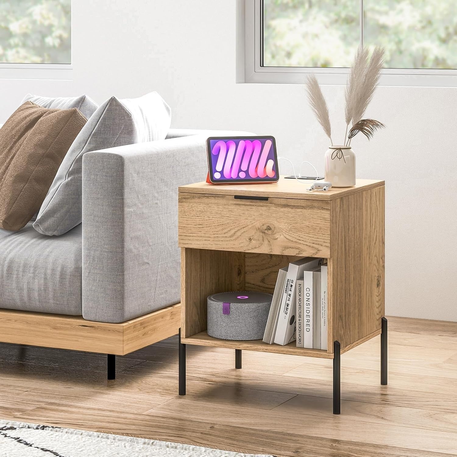 Wooden Bedside Table with Charging Station & Drawer – Modern Nightstand