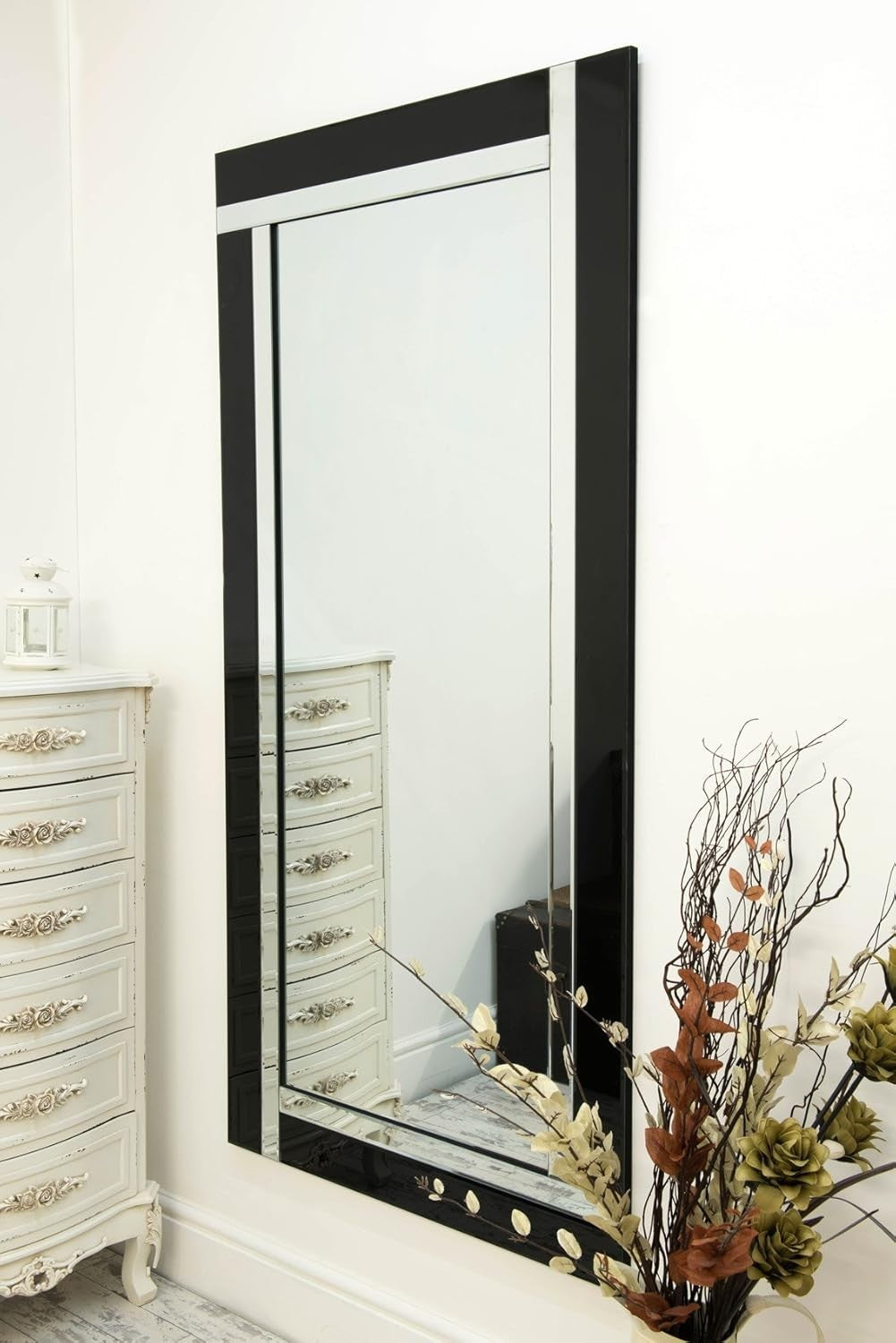 Large Black Silver Bevelled Wall Mirror 174x85cm Elegant Decor