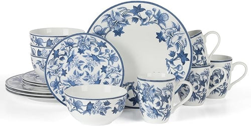 16pc Blue Floral Stoneware Dinnerware Set Plates Bowls Mugs Dishwasher Safe