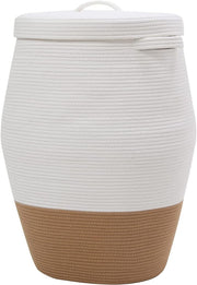 Tall 26" White Camel Laundry Basket with Lid Large Woven Cotton Rope Storage Bin