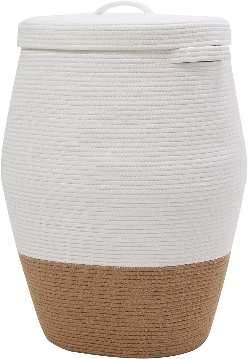 Tall 26" White Camel Laundry Basket with Lid Large Woven Cotton Rope Storage Bin