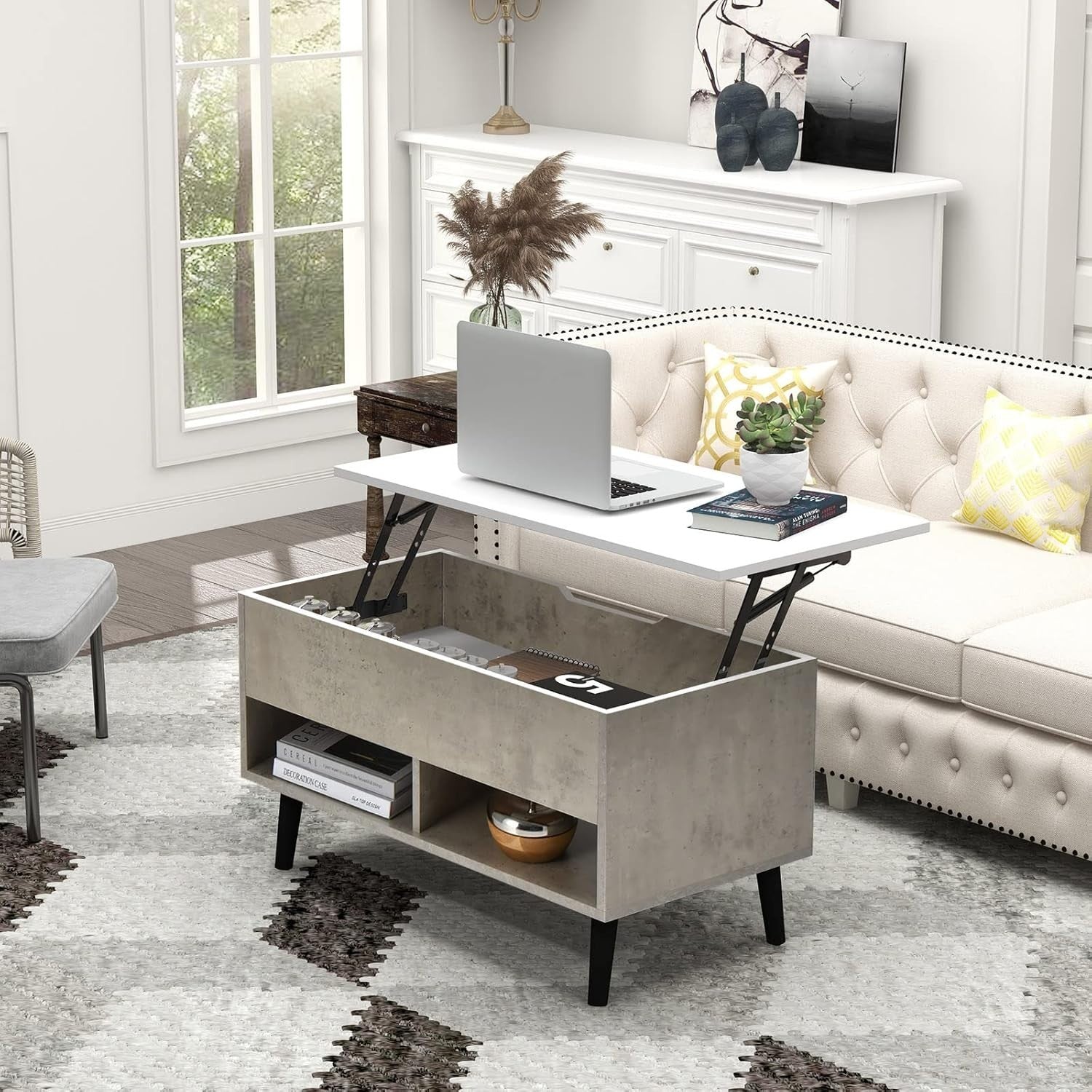 Grey Lift Top Coffee Table with Storage & Shelves – Adjustable, 80cm Modern