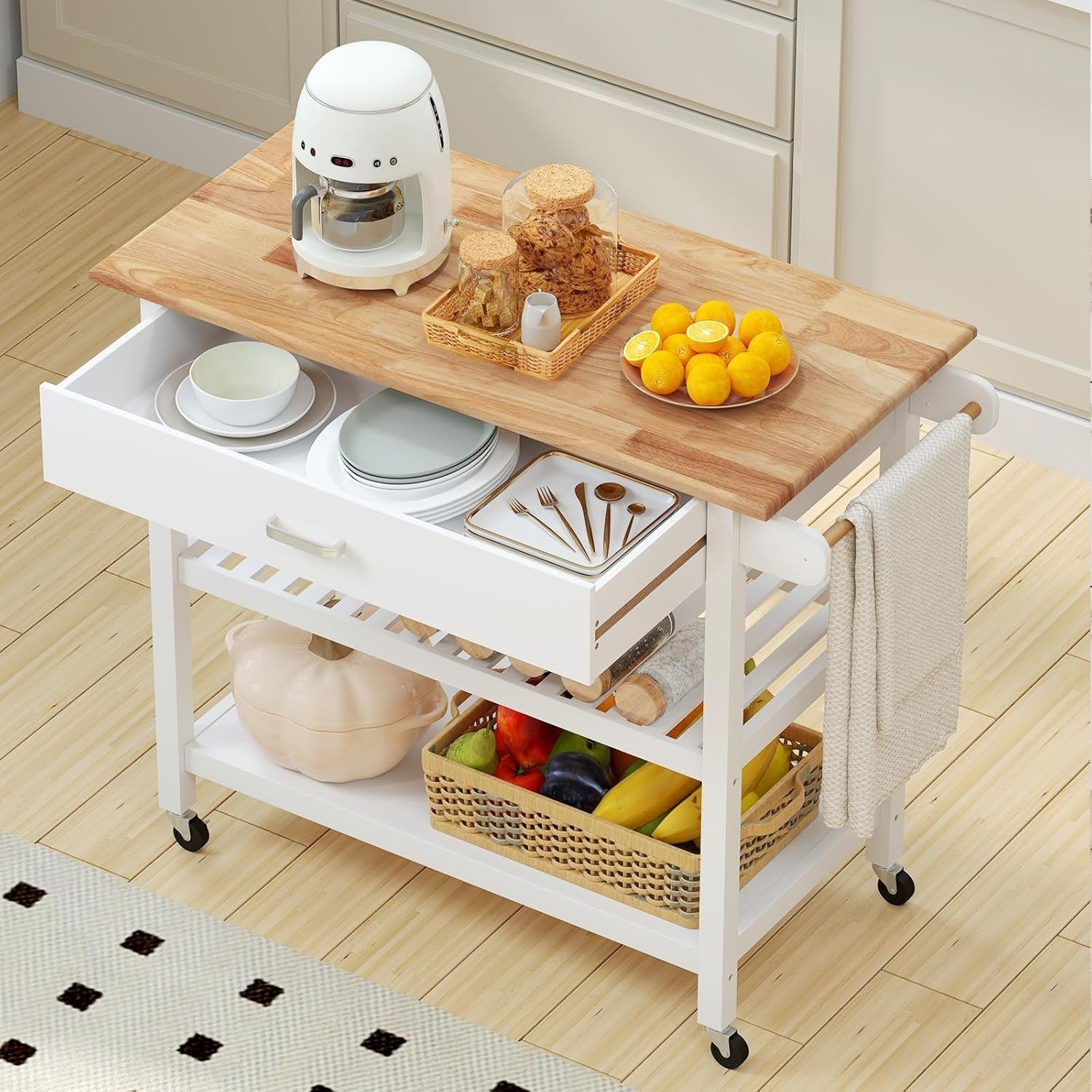 106cm Kitchen Island Cart Rubber Wood Top
