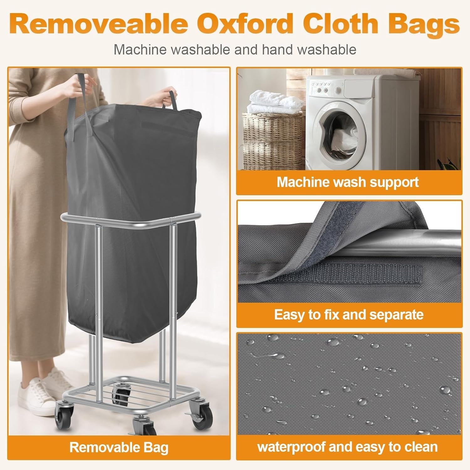 115L Grey Rolling Laundry Hamper with Wheels Steel Frame Washable Removable Bag