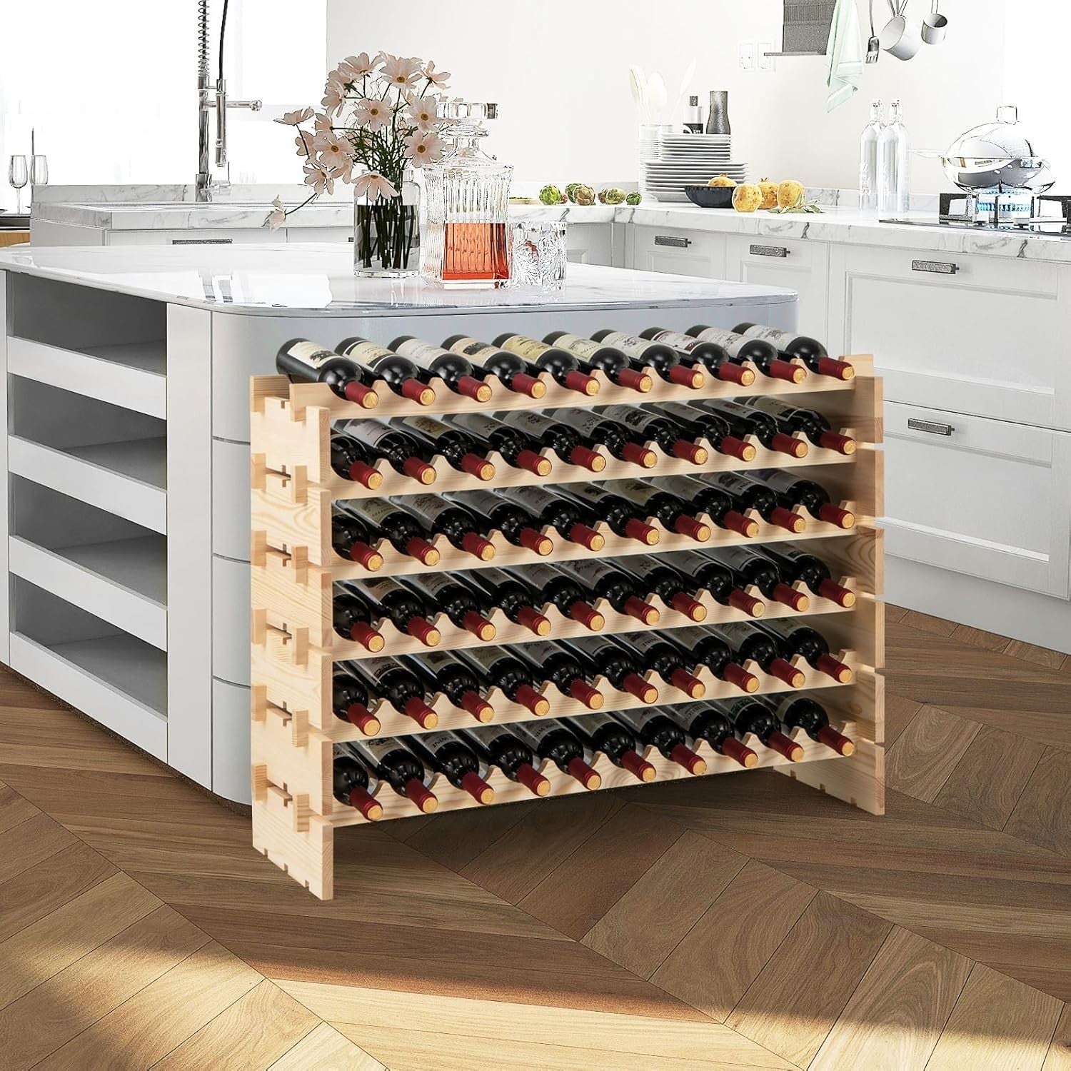 Large 60 Bottle Wooden Wine Rack 6 Tier Stackable Storage Shelf Home Bar Cellar
