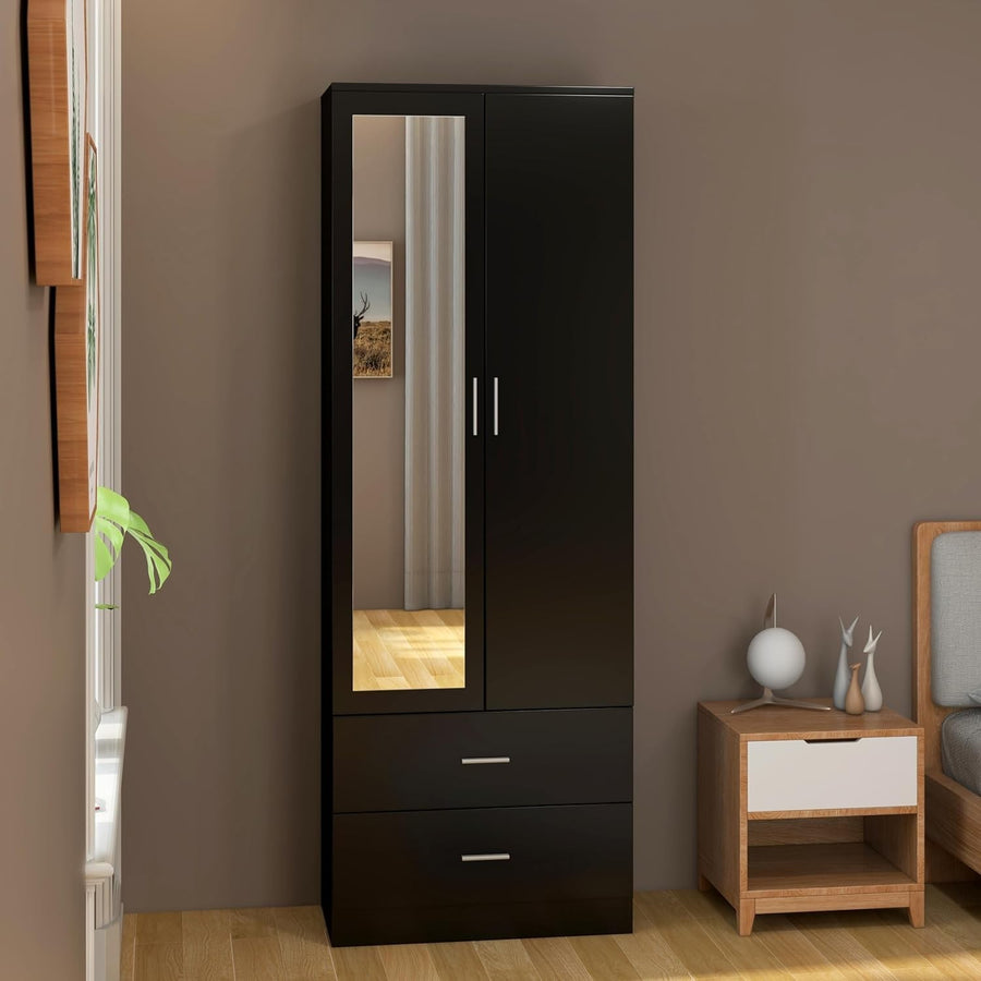 Black Mirrored 2 Door Wardrobe with Hanging Rail & Drawers - Modern Storage