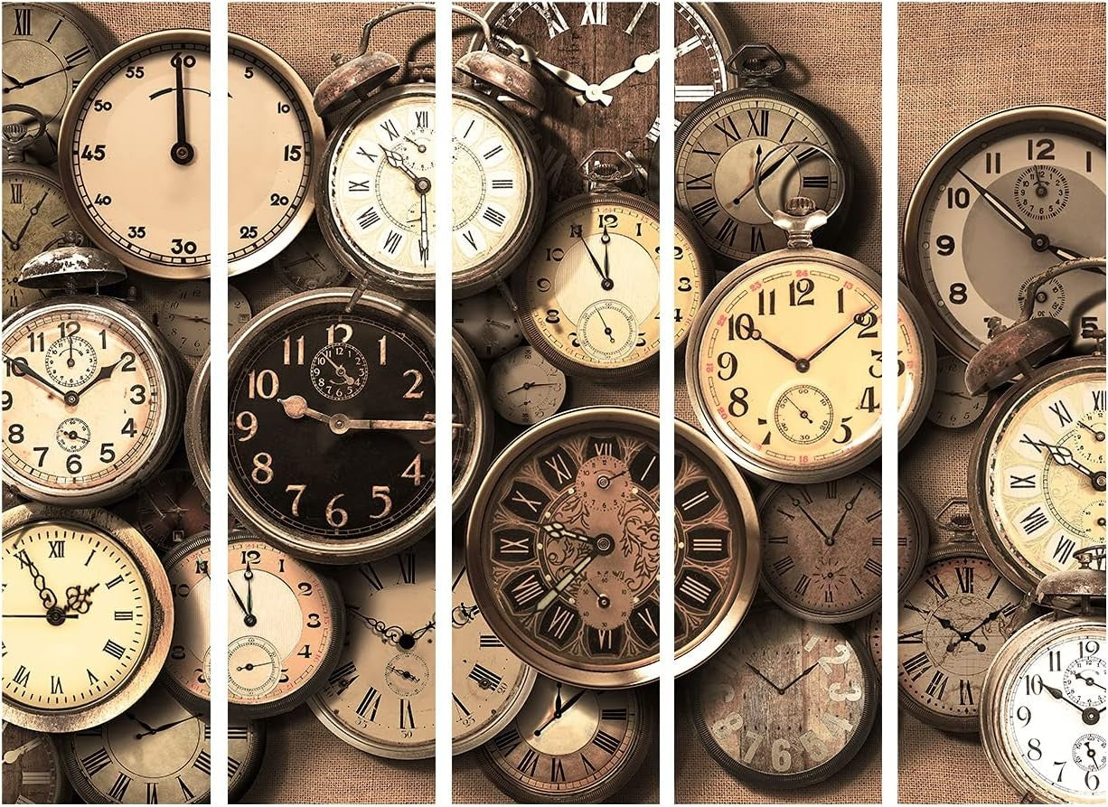 Retro Vintage Clock Print Room Divider 5-Panel Double-Sided Folding Screen