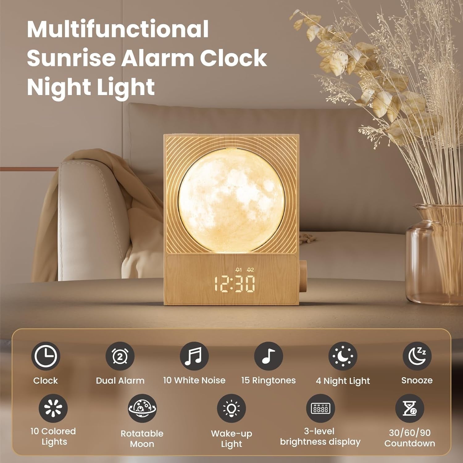 Sunrise Alarm Clock Moon Light Gentle Wake Up Night Lamp Heavy Sleepers