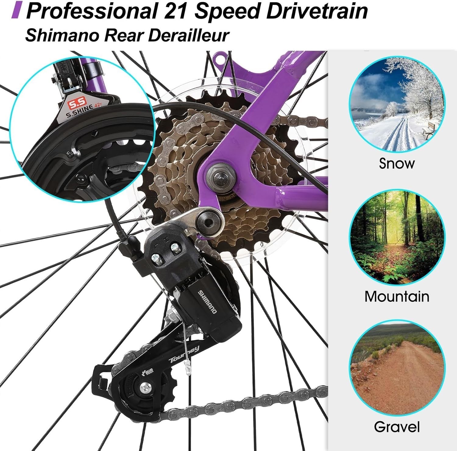 26" Adult Mountain Bike 21-Speed V-Brake MTB with Suspension for Women