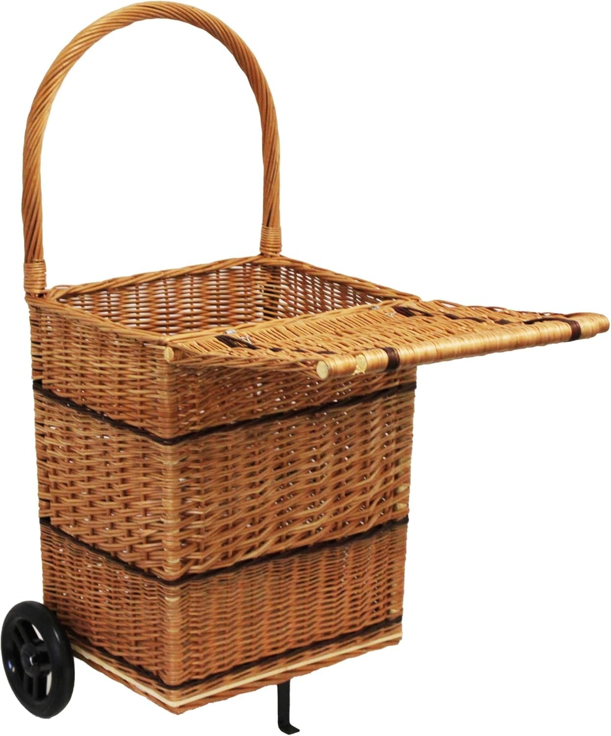 Wicker Shopping Trolley Basket with Lid & Wheels | Natural Log Holder