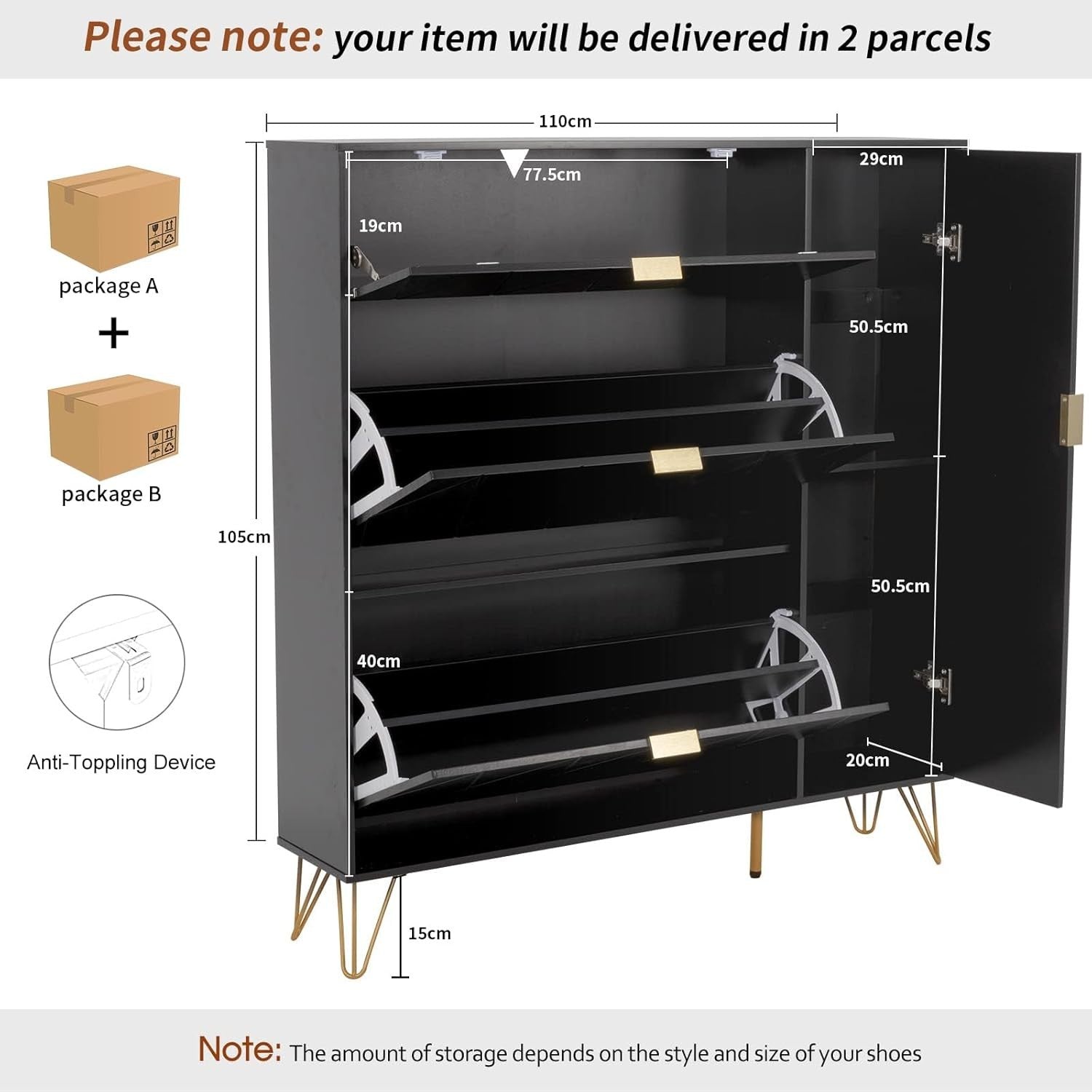 Narrow 16 Pair Shoe Cabinet with Boot Storage & Hidden Shelf – Black