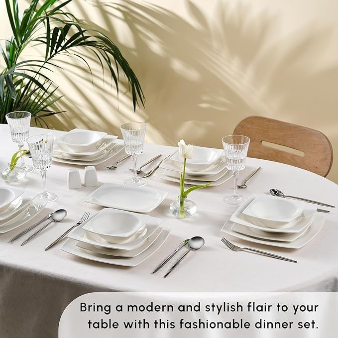 52pc White Bone China Dinner Set for 12 Plates Bowls Modern Tableware