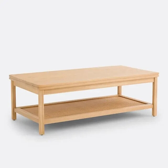 Scandi Pine Cane Coffee Table 120x60cm Double Shelf Natural Wood Look