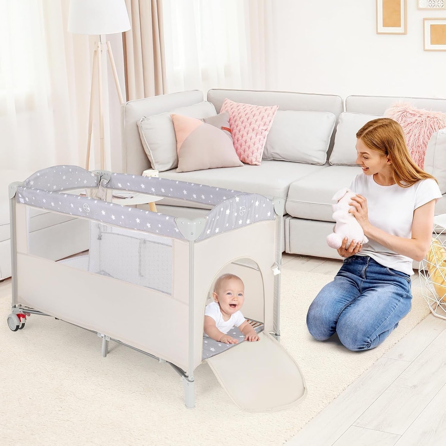 5in1 Baby Travel Cot Foldable Crib with Mattress Basket Changer & Storage Beige