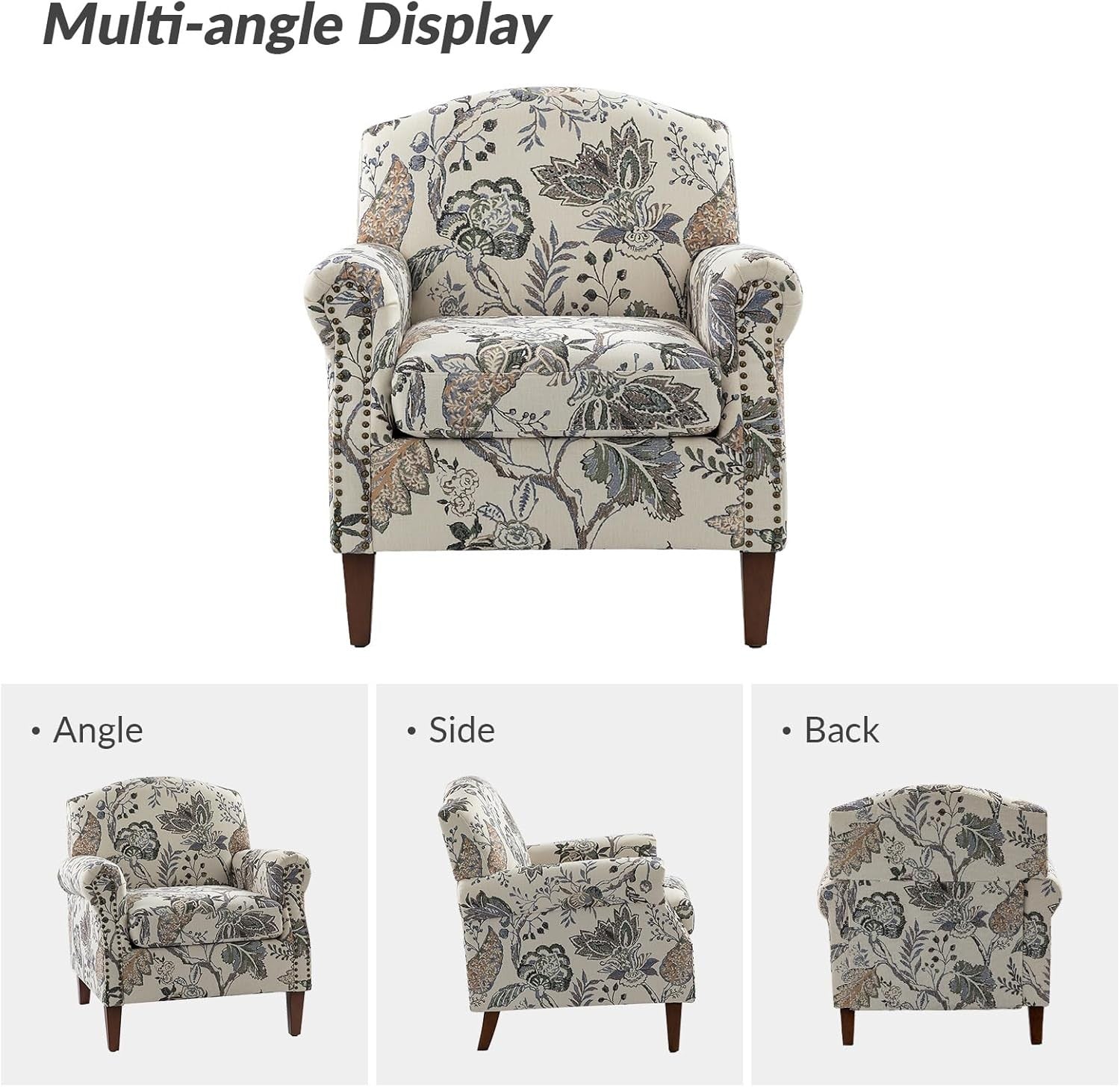 Floral Armchair Grey Accent Chair Sofa Seat for Lounge Bedroom Office
