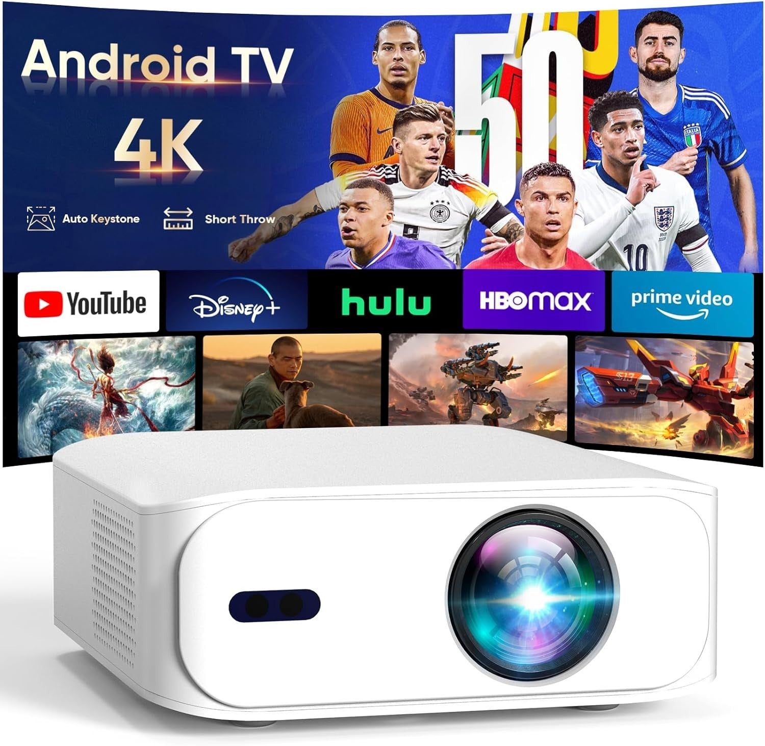 Short Throw Smart Projector 1080P 4K Support WiFi 6 Bluetooth Apps