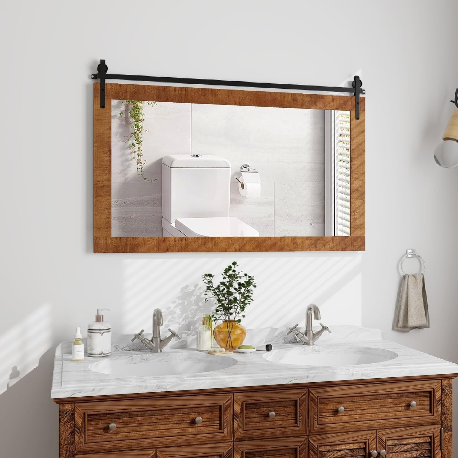 Rustic Wood Wall Mirror 101x66cm Farmhouse Style for Bathroom or Hall