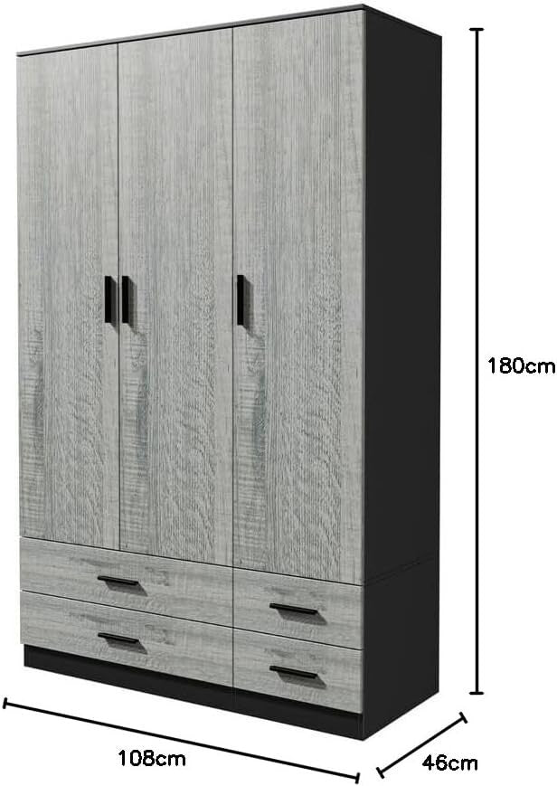 3 Door 4 Drawer Wardrobe Hanging Rail Black Ash Grey Bedroom Storage