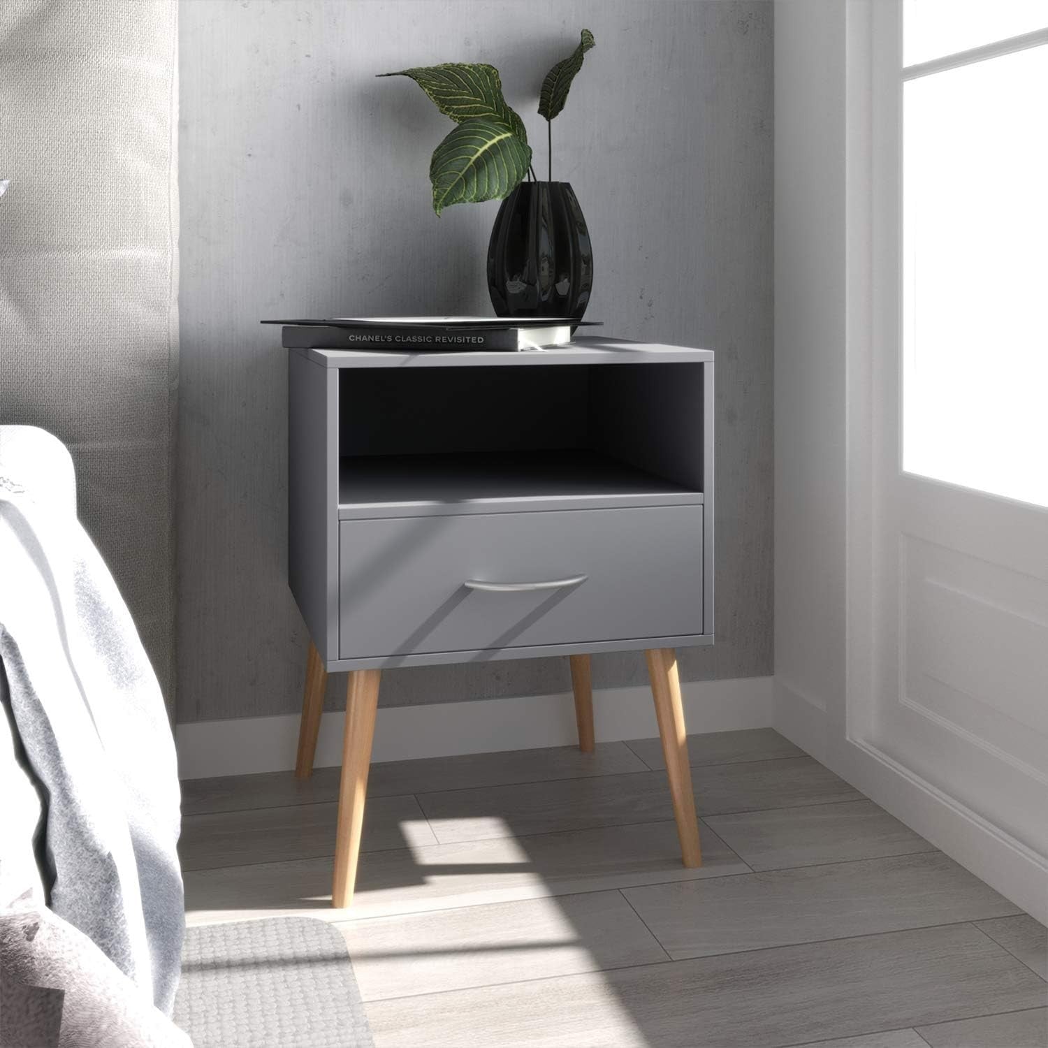 Set of 2 Grey Wood Bedside Tables with Drawer & Shelf – Modern Nightstands