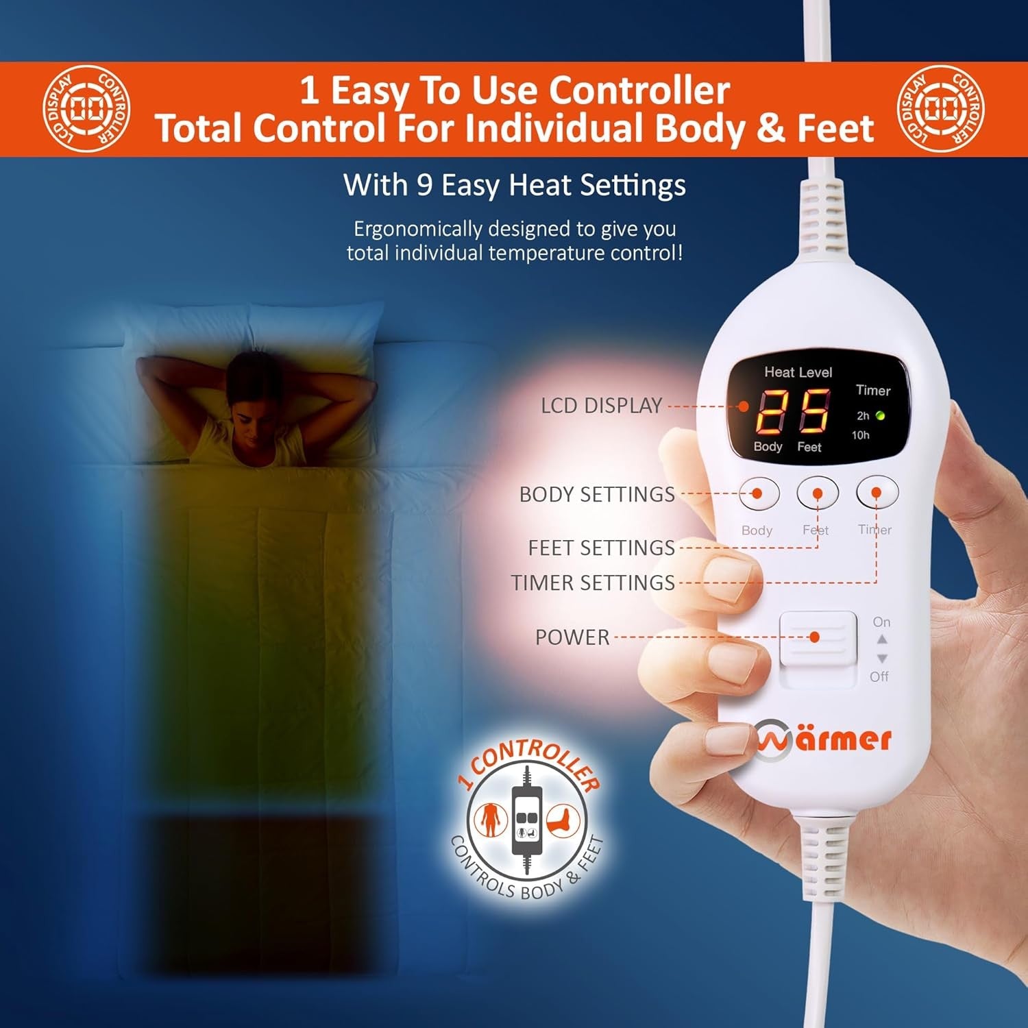 Single Electric Heated Blanket Dual Zone 9 Heat Timer Overheat Protection