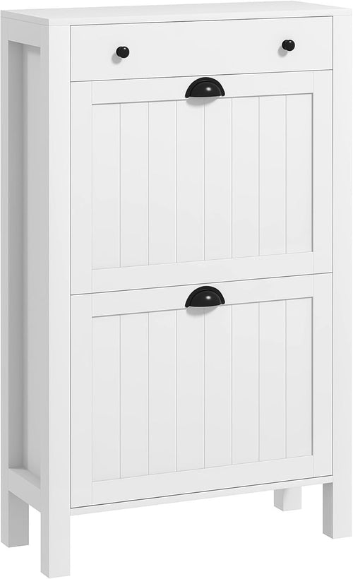 Slim White Shoe Cabinet with 2 Flip Drawers & Top Storage Drawer 60x24x97cm