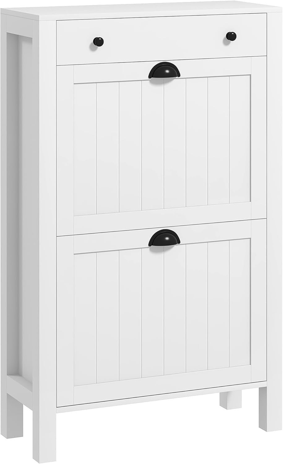 Slim White Shoe Cabinet with 2 Flip Drawers & Top Storage Drawer 60x24x97cm