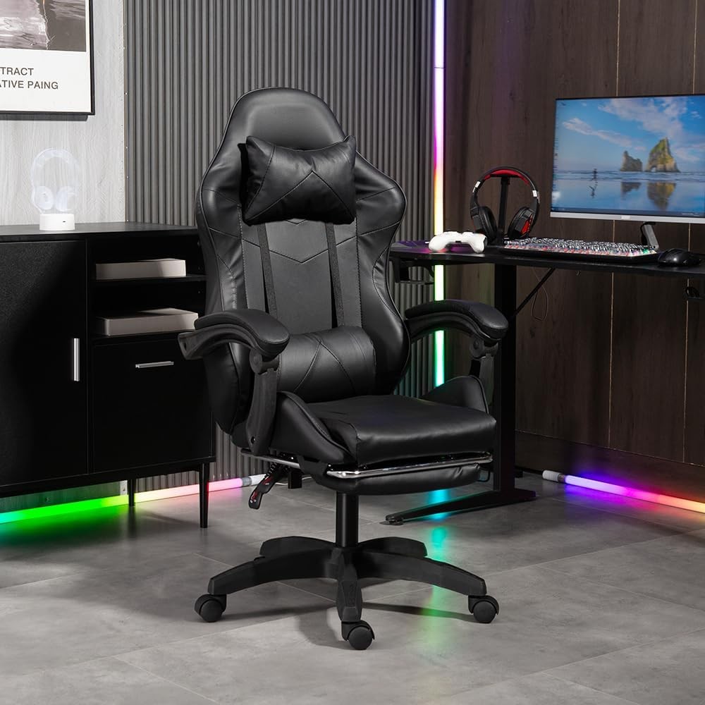 Ergonomic Gaming Chair Reclining Swivel Office Chair w/ Footrest Black