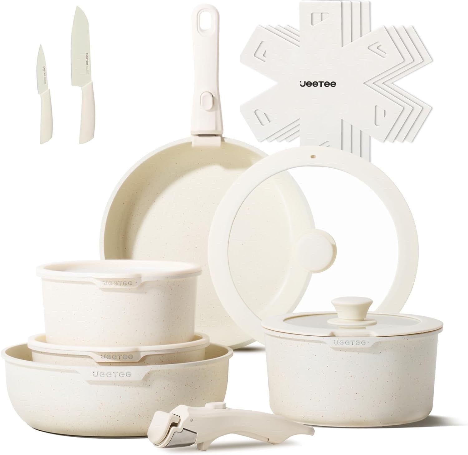 17pcs Beige Non Stick Cookware Set with Detachable Handles  Induction Oven Safe