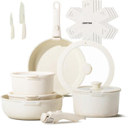 17pcs Beige Non Stick Cookware Set with Detachable Handles  Induction Oven Safe