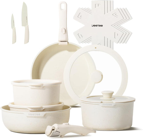 17pcs Beige Non Stick Cookware Set with Detachable Handles  Induction Oven Safe