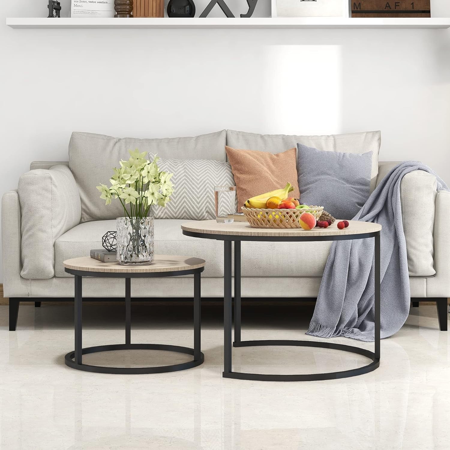 Natural Oak Industrial Coffee Table Set Round Metal Frame Nesting Side End Table