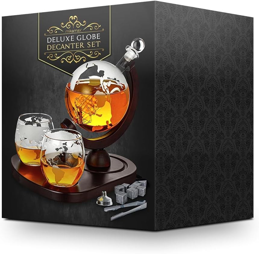 Globe Whiskey Decanter Set 850ml Glass Decanter 2 Glasses Rotating Stand