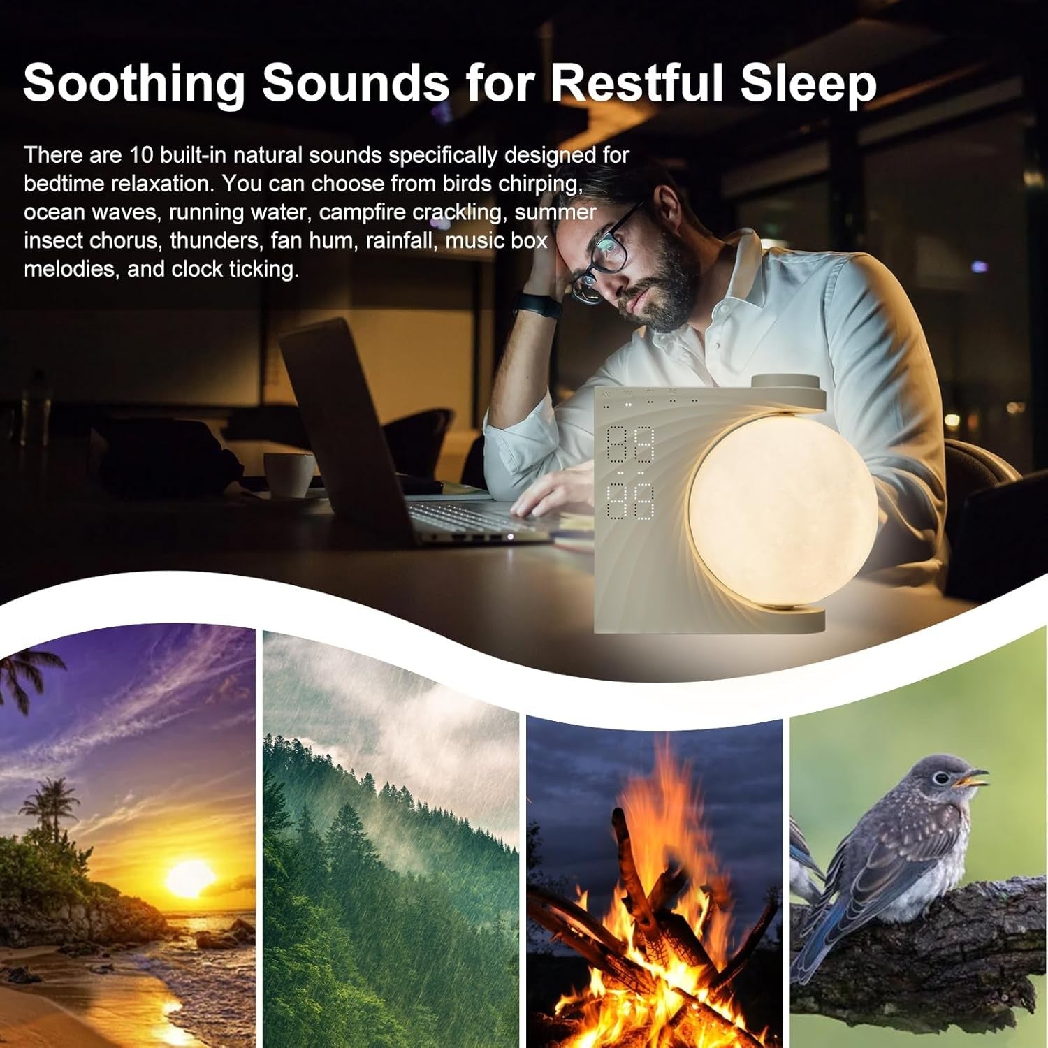 White RGB Moon Lamp Alarm Clock Wake Up Light White Noise Night Light