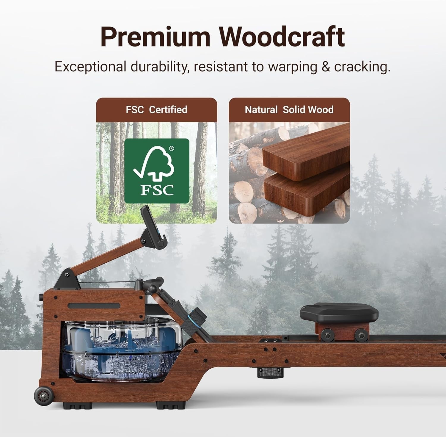 Wood Water Rowing Machine 6-Level Resistance 22L Tank Quiet App Compatible Home