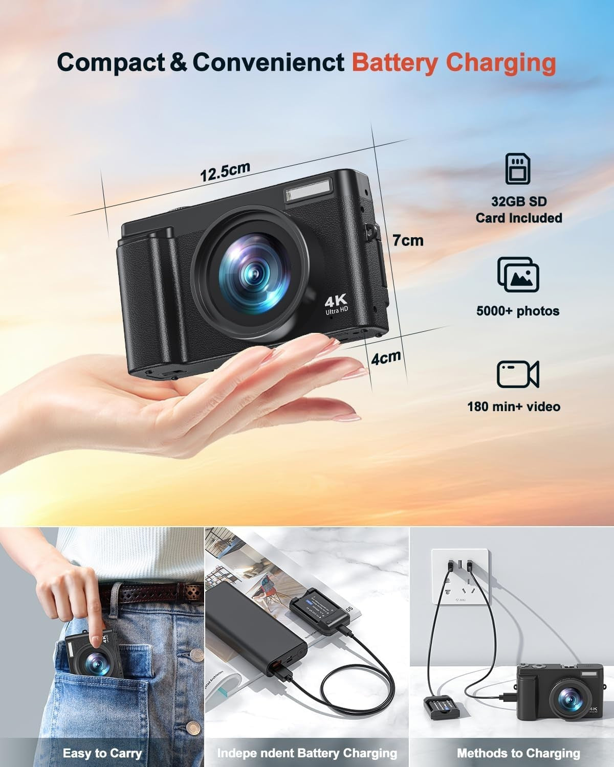 4K 64MP WiFi Vlogging Camera Flip Screen Zoom Camera w 2 Batteries