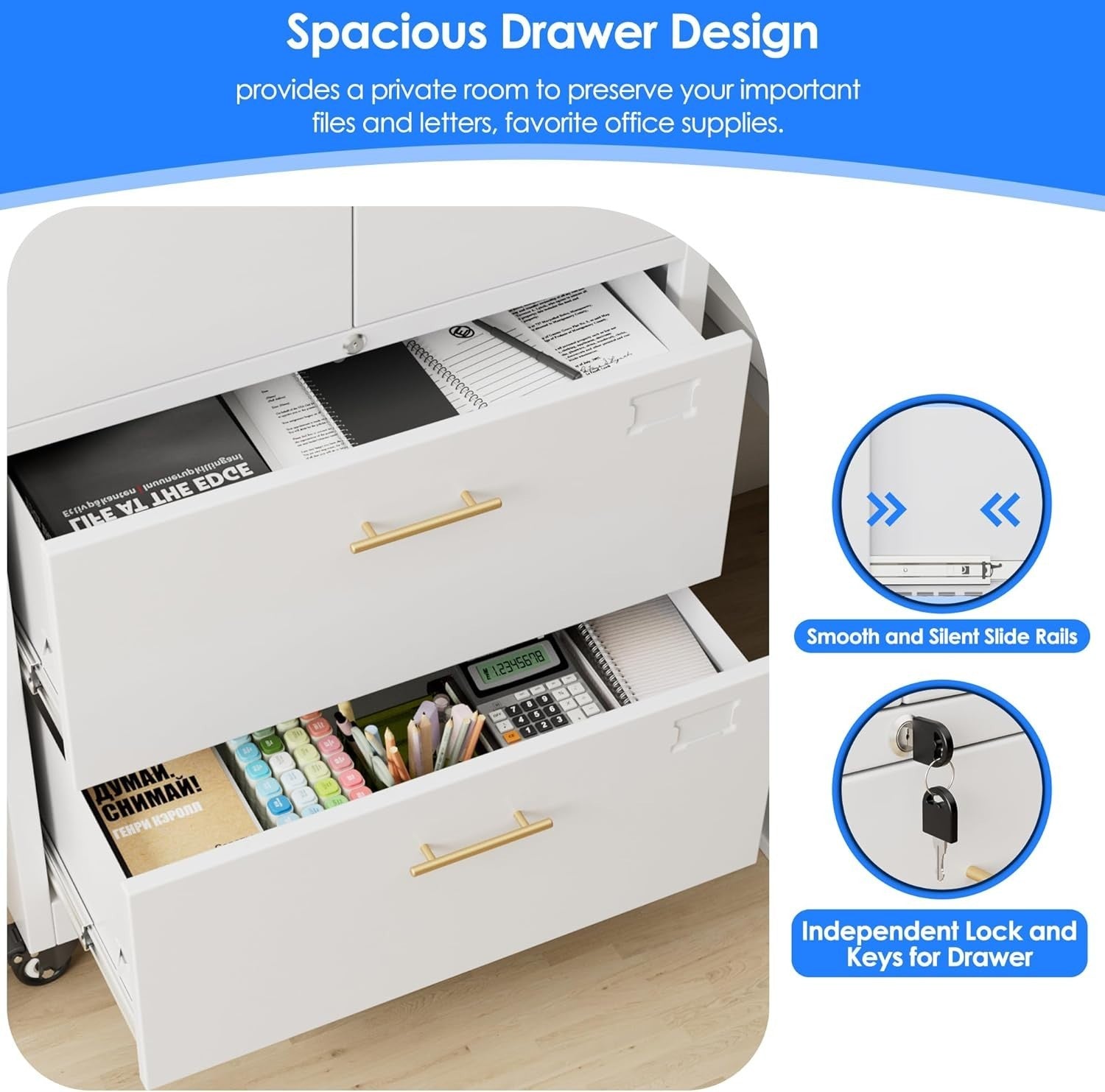 Tall Locking Metal File Cabinet 2 Drawer Rolling Office Storage White