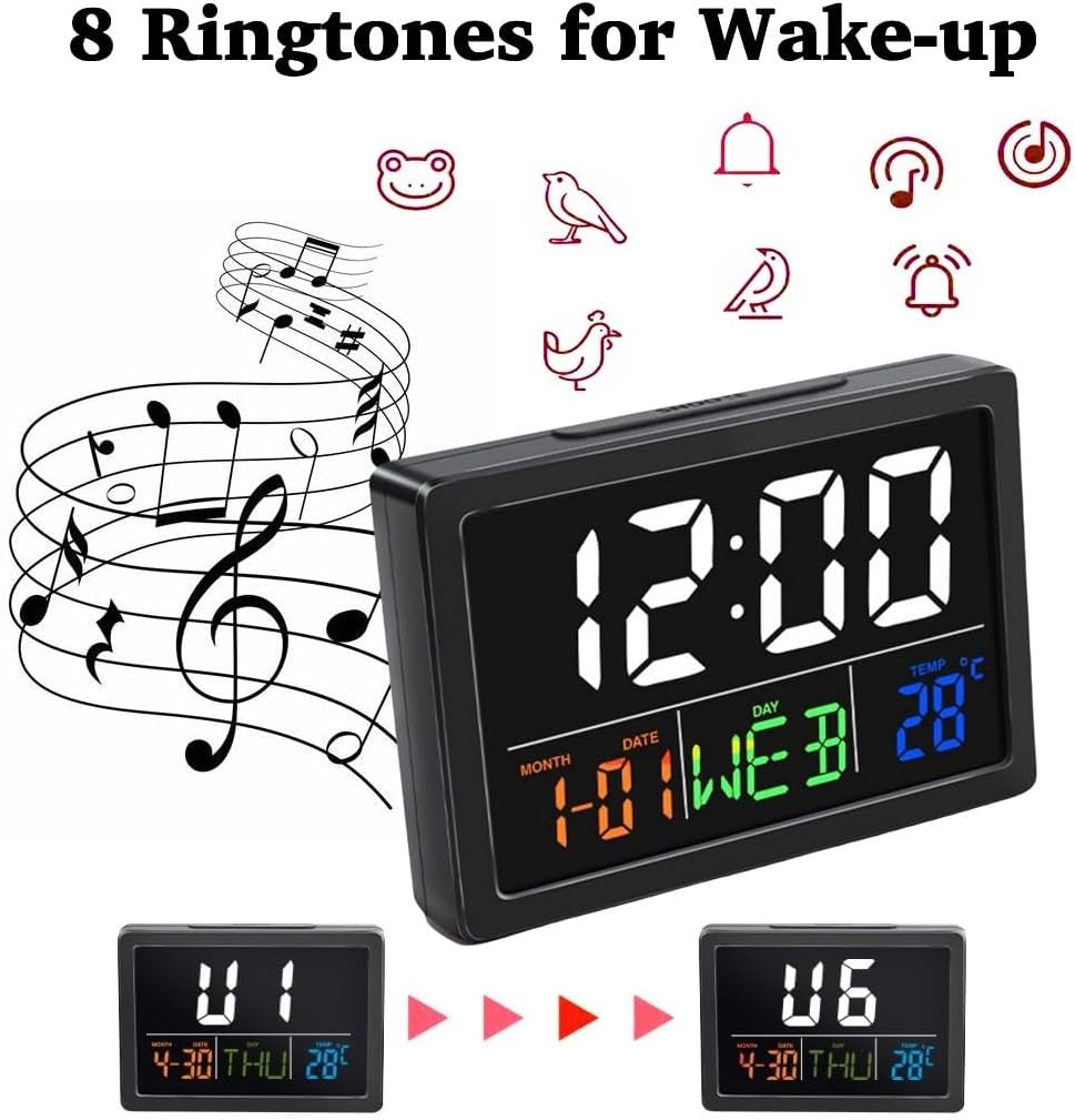Large LED Digital Alarm Clock 5.5" Display Temperature Calendar Snooze