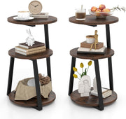 Set of 2 Rustic Brown 3-Tier Round Side Tables – Industrial Bedside Tables 40×55