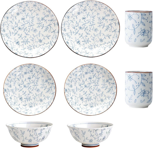8pc Ceramic Dinnerware Set Plates Bowls Cups Blue Floral Dishwasher Safe