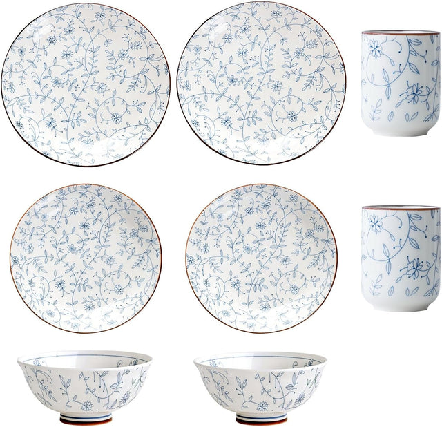 8pc Ceramic Dinnerware Set Plates Bowls Cups Blue Floral Dishwasher Safe