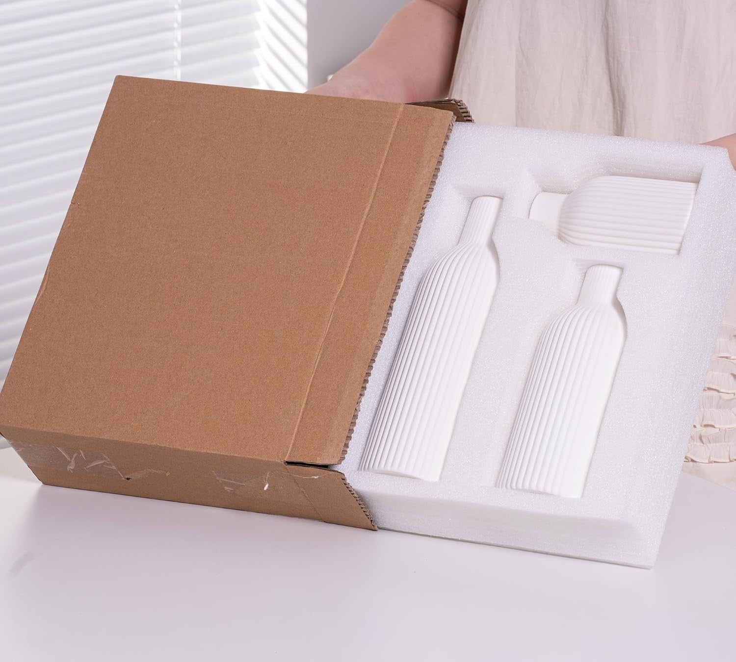 Ceramic Vase Set of 3 White Ribbed Flower Vases Modern Boho Decor