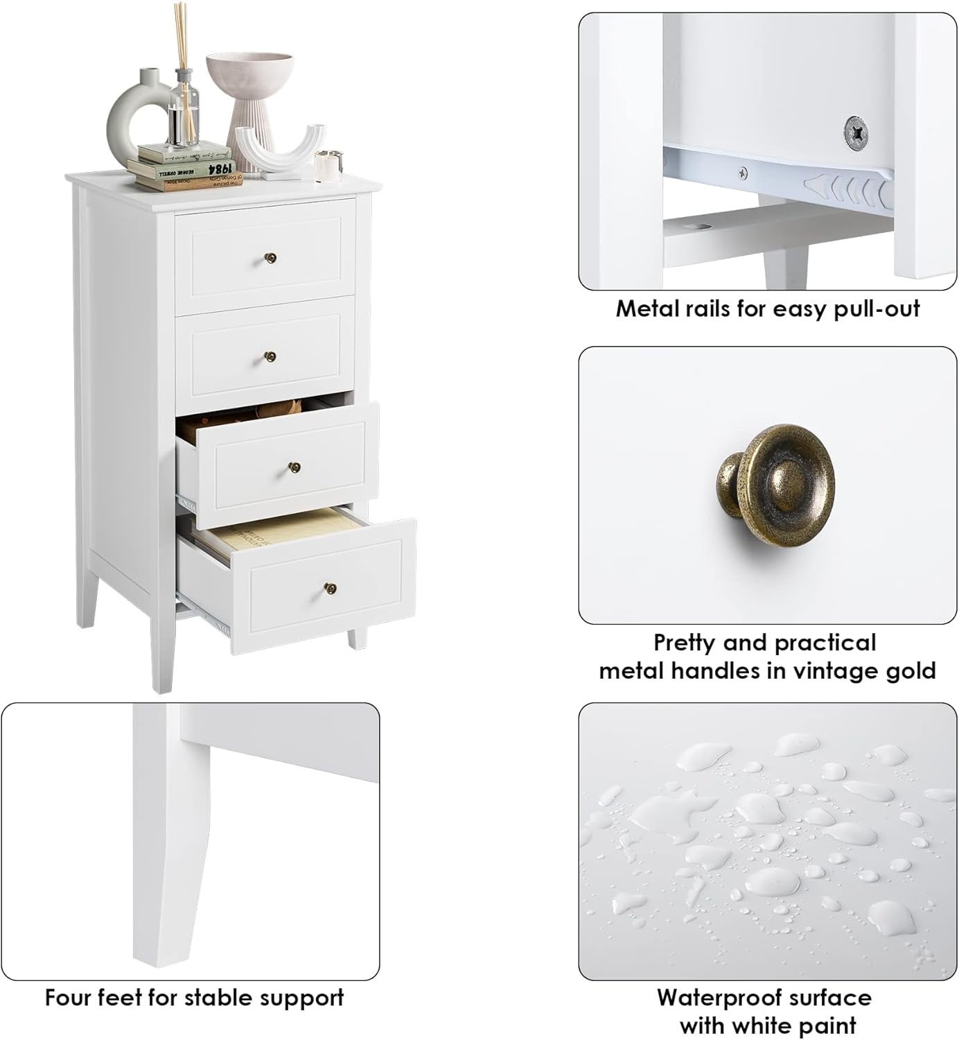 White Chest of Drawers 4 Drawer Tall Narrow Storage Unit Bedroom Modern