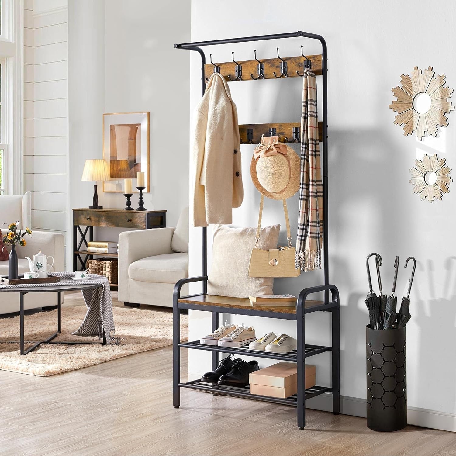Rustic Brown Coat Rack with Shoe Bench & 23 Hooks | Hall Tree Entryway
